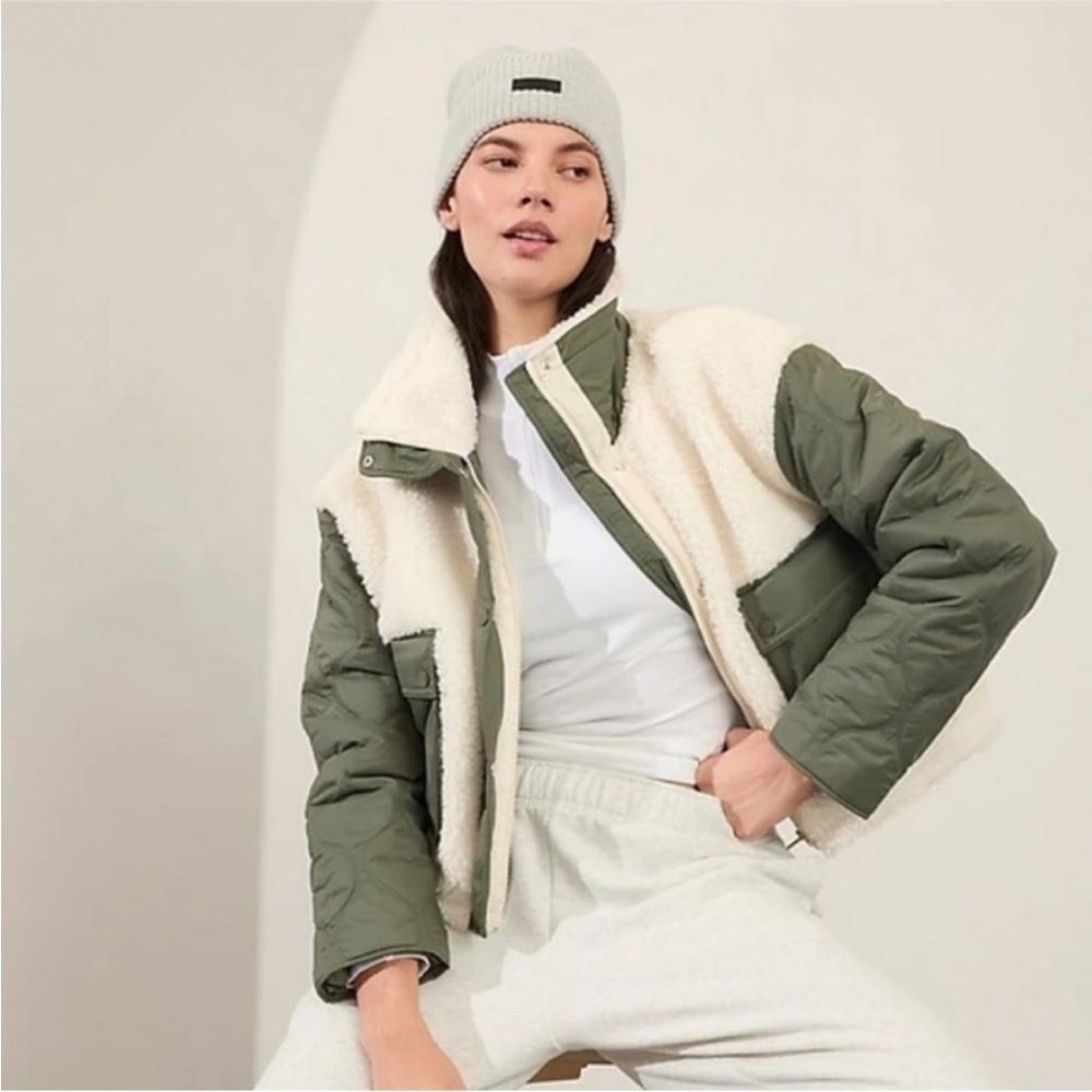 Athleta Sherpa Quilted Crop Jacket Olive Green Snap Front Coat Large